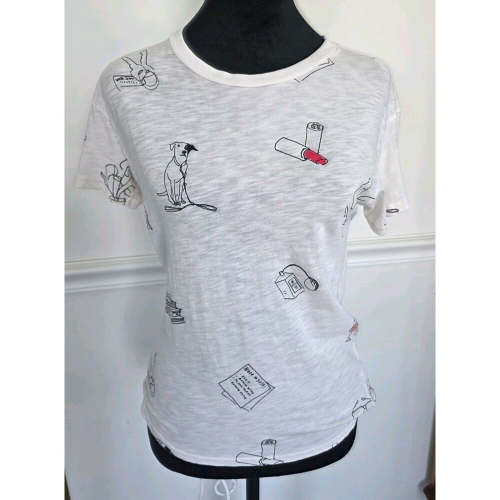 J.Crew Factory White Graphic Cotton T-Shirt XS Dog Lipstick Books Casual Tee